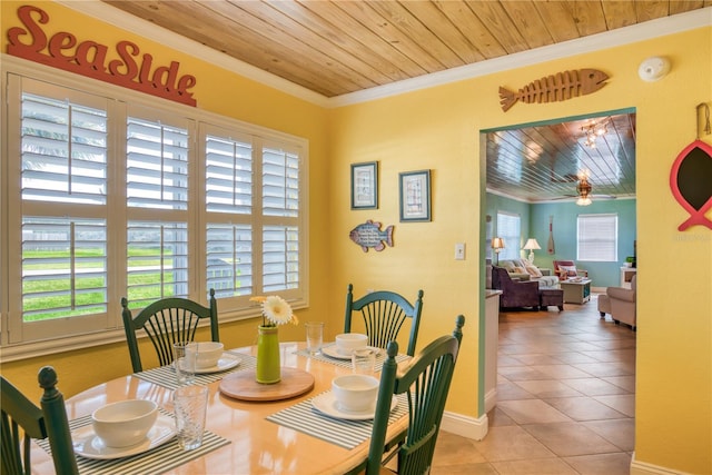 tiled dining room featuring a healthy amount of sunlight, wood ceiling, and crown molding