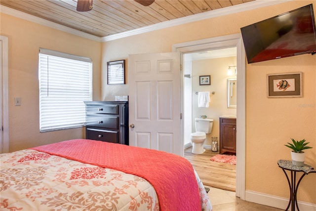 bedroom featuring baseboards, connected bathroom, wood ceiling, crown molding, and light tile patterned flooring