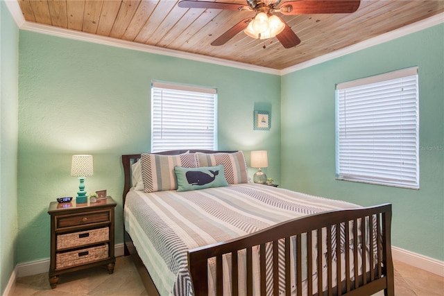 bedroom with ornamental molding, wooden ceiling, and tile patterned floors