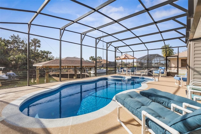 view of pool featuring an outdoor hangout area, a patio area, a lanai, and a pool with connected hot tub