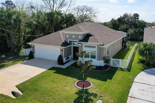 view of front facade featuring a garage, concrete driveway, a gate, fence, and a front lawn