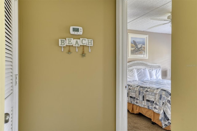 details with a textured ceiling, a ceiling fan, and carpet flooring