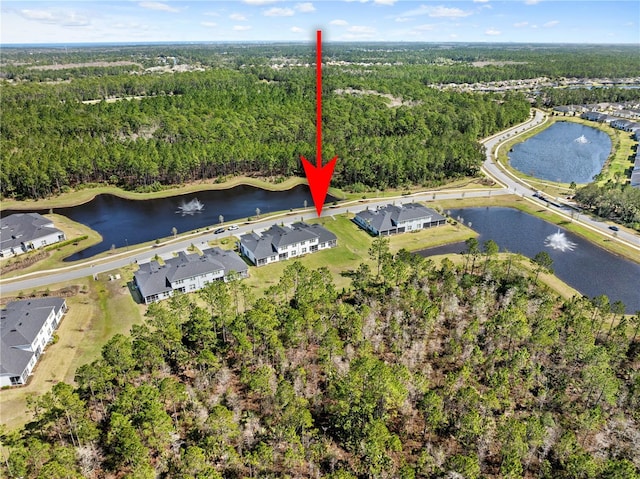 birds eye view of property featuring a water view and a forest view