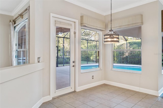 unfurnished dining area featuring light tile patterned floors, baseboards, and crown molding