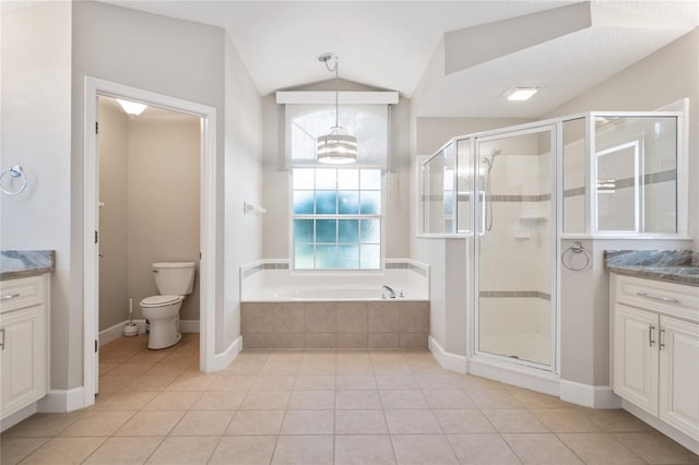 bathroom with vanity, vaulted ceiling, toilet, and a stall shower