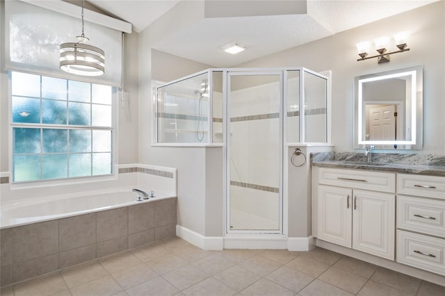 full bath with tile patterned flooring, a shower stall, a bath, and vanity