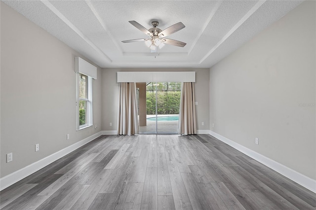 empty room featuring a tray ceiling, plenty of natural light, and wood finished floors