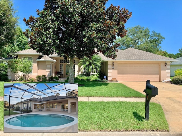 outdoor pool featuring a lanai and a yard