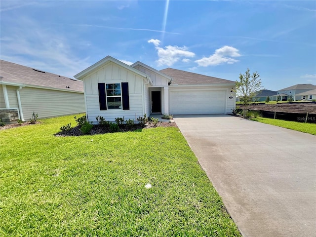 123 W Waverly Ln, Palm Coast, FL 32164 - ranch-style home featuring board and batten siding, driveway, an attached garage, and a front yard