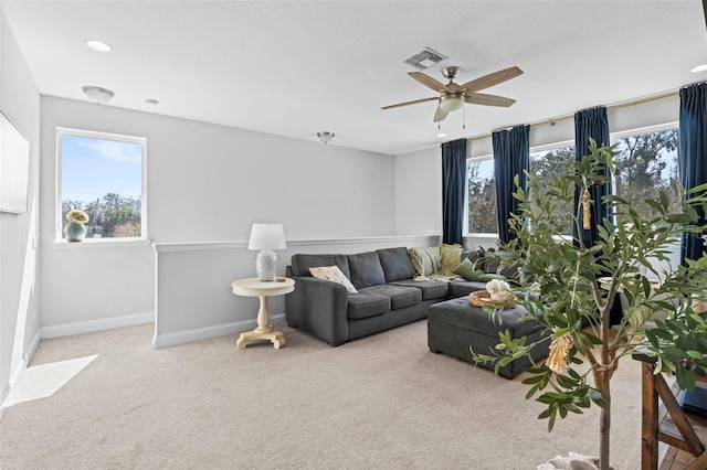 562 Kendall Crossing Dr, Saint Johns, FL 32259 - living room featuring a ceiling fan, visible vents, recessed lighting, carpet floors, and baseboards