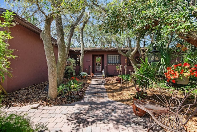 view of exterior entry with stucco siding