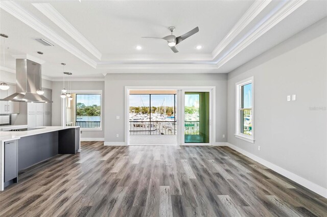 unfurnished living room featuring a healthy amount of sunlight, a tray ceiling, and wood finished floors