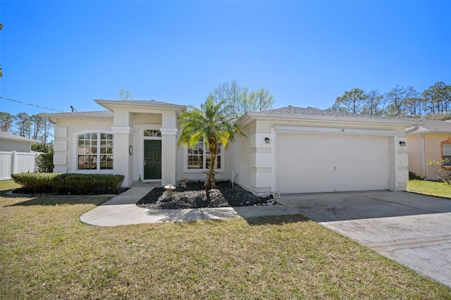 view of front facade featuring stucco siding, driveway, a garage, and a front yard