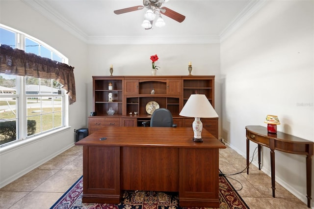 office area with light tile patterned floors, baseboards, a ceiling fan, and crown molding