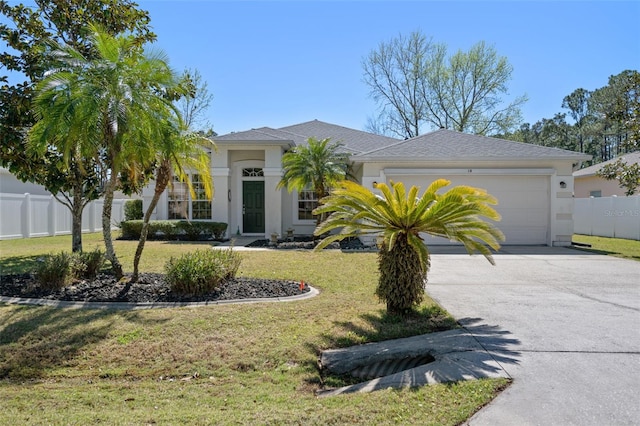 view of front facade featuring a front yard, concrete driveway, fence, and stucco siding