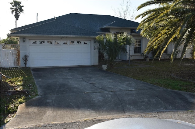 ranch-style house featuring a garage, fence, concrete driveway, stucco siding, and a front yard