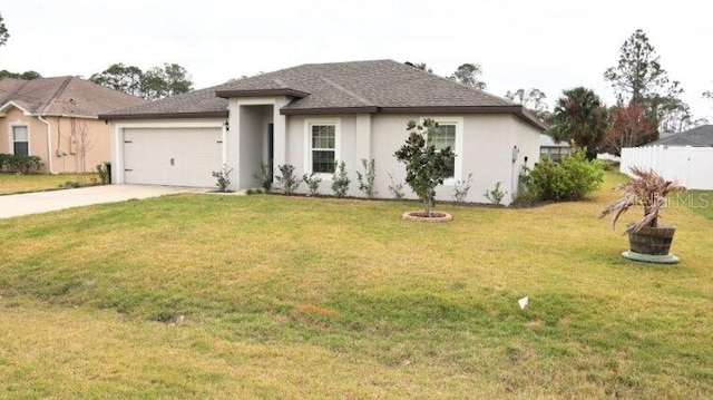 single story home featuring concrete driveway, stucco siding, an attached garage, and a front yard