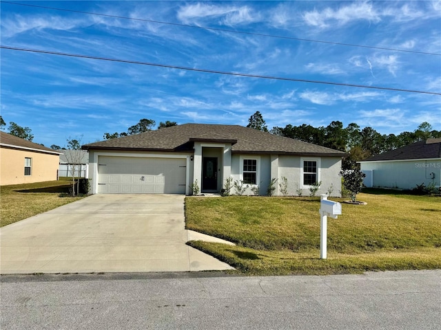 ranch-style home with a garage, a shingled roof, driveway, stucco siding, and a front yard