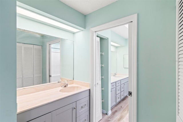 full bath with wood finished floors, a closet, and vanity