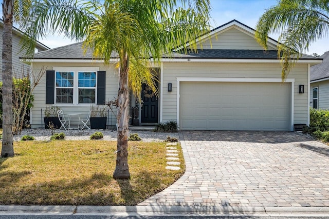 ranch-style house with a garage, decorative driveway, a shingled roof, and a front lawn