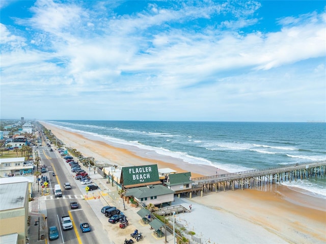 drone / aerial view with a water view and a view of the beach