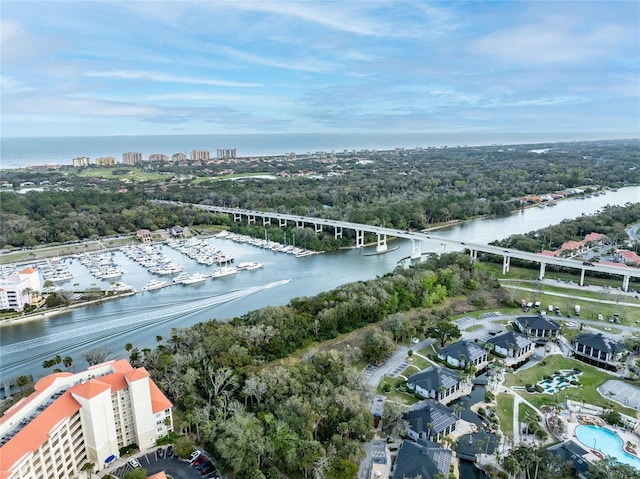 drone / aerial view with a water view