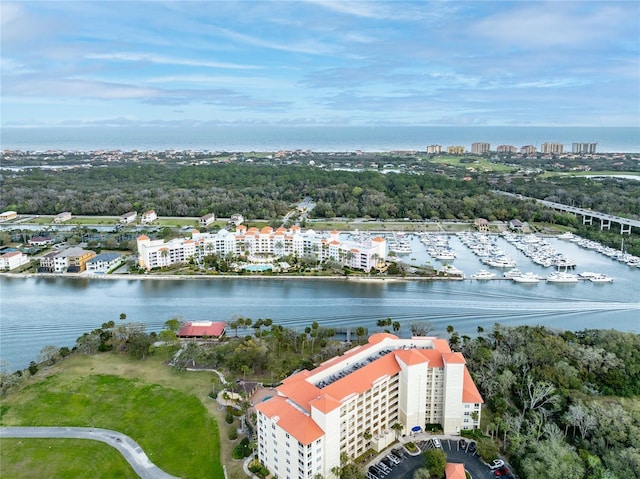 drone / aerial view featuring a water view