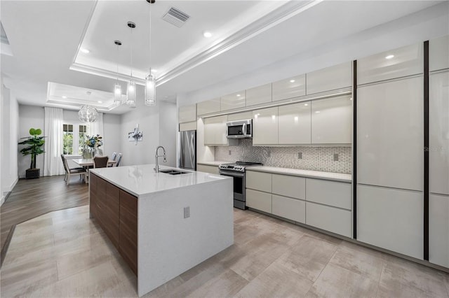 kitchen featuring stainless steel appliances, a sink, visible vents, modern cabinets, and a raised ceiling