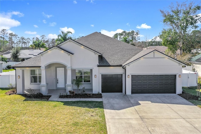 ranch-style home featuring stucco siding, driveway, fence, an attached garage, and a front yard