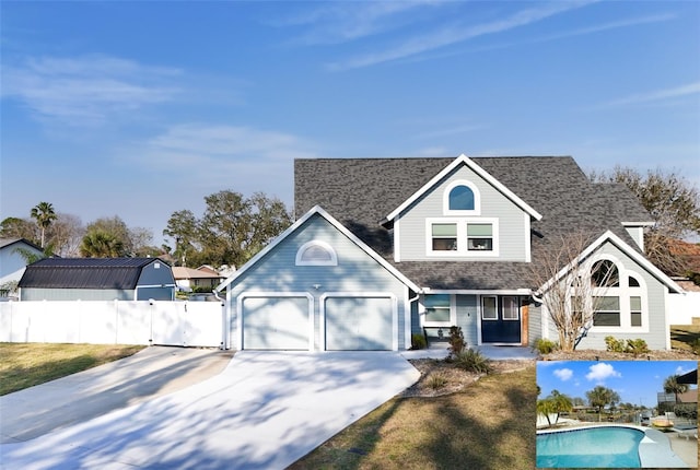 traditional-style house with a garage, fence, concrete driveway, roof with shingles, and a fenced in pool