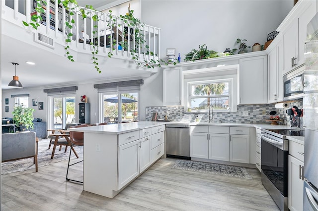 kitchen with a peninsula, appliances with stainless steel finishes, a sink, and light countertops