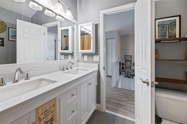 full bathroom with double vanity, toilet, a chandelier, and a sink