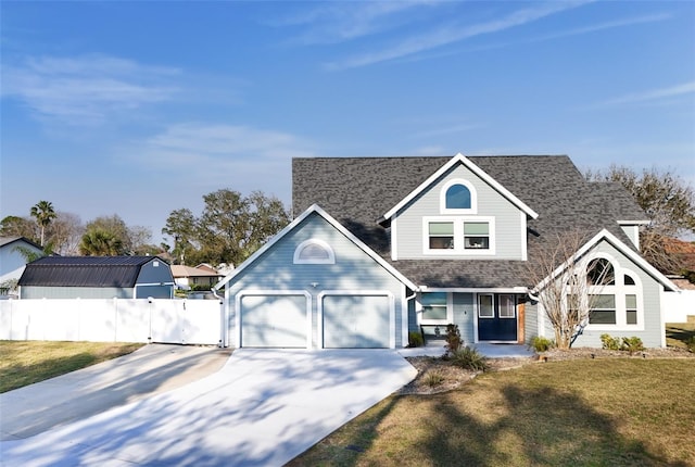 traditional-style home featuring a garage, a shingled roof, concrete driveway, fence, and a front lawn