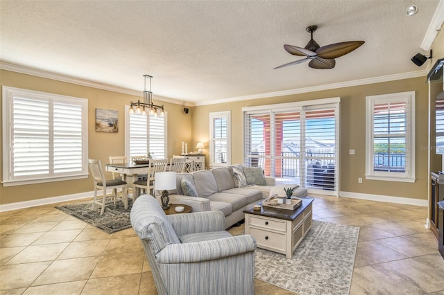 living area featuring ornamental molding and a textured ceiling