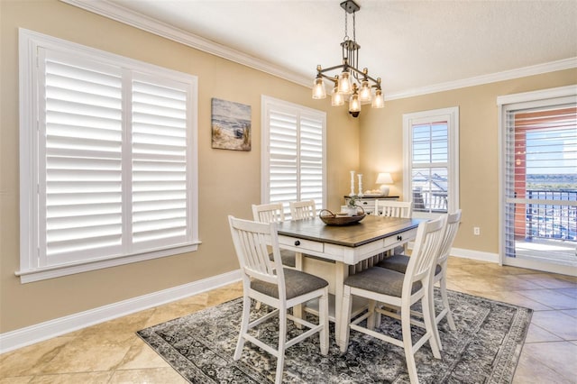 dining room with baseboards, light tile patterned floors, an inviting chandelier, and crown molding