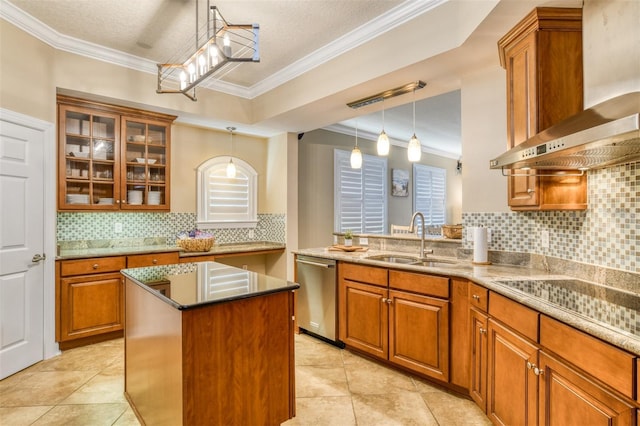 kitchen with stainless steel dishwasher, brown cabinetry, a sink, wall chimney range hood, and black electric cooktop