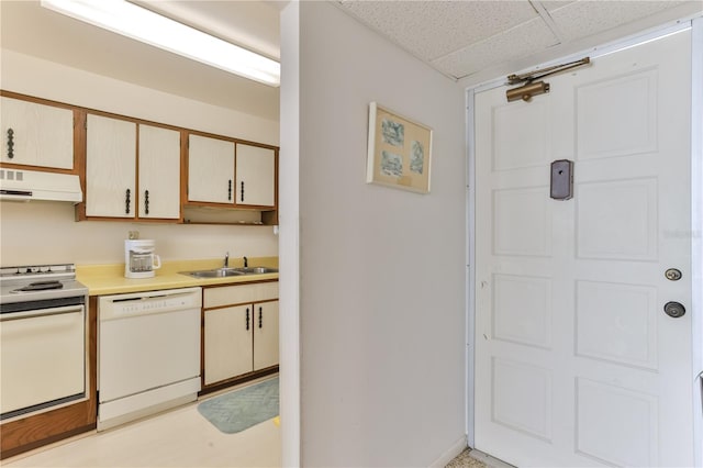 kitchen with electric range, a sink, light countertops, range hood, and dishwasher