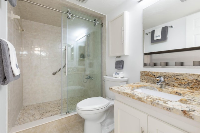 full bath featuring vanity, tile patterned flooring, a shower stall, and toilet