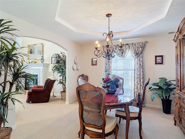 9 Cedar Hollow Ct, Palm Coast, FL 32137 - dining room with an inviting chandelier, a raised ceiling, light colored carpet, and a textured ceiling