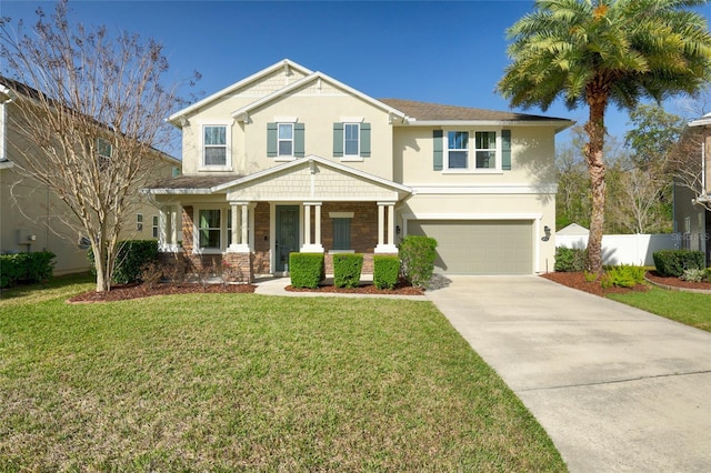 view of front facade featuring stucco siding, driveway, fence, a front yard, and a garage