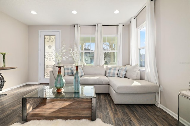 living area featuring recessed lighting, baseboards, and wood finished floors