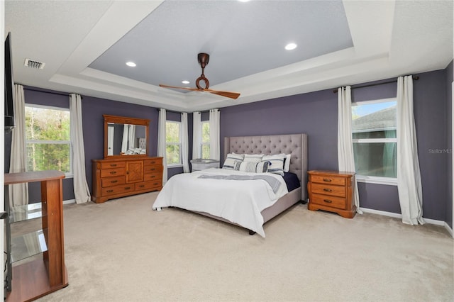 carpeted bedroom featuring multiple windows, a raised ceiling, and baseboards