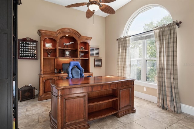office space with baseboards and ceiling fan