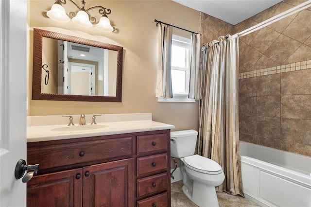 full bath featuring tile patterned flooring, shower / bathtub combination with curtain, vanity, toilet, and visible vents