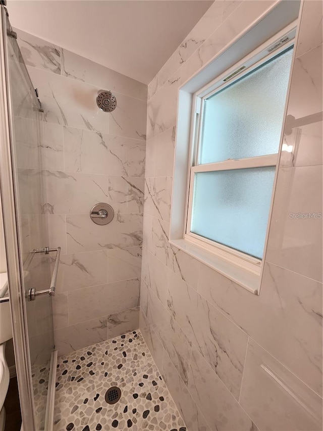 bathroom with a stall shower and toilet