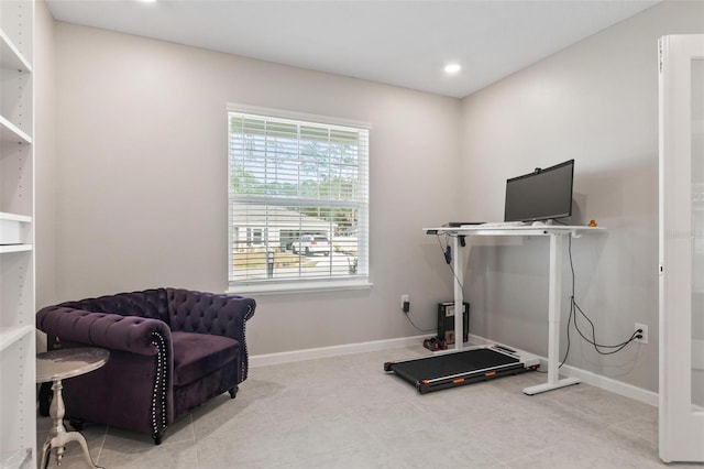 workout area with recessed lighting and baseboards