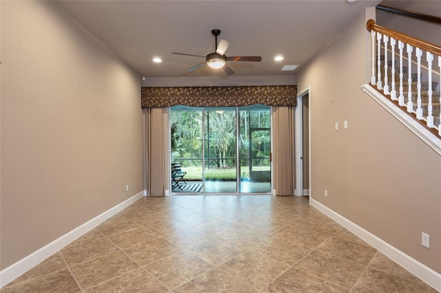 unfurnished room featuring a ceiling fan, recessed lighting, baseboards, and stairs