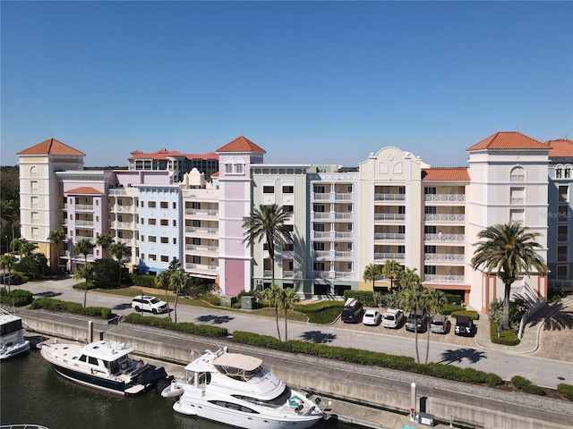 view of building exterior with a water view