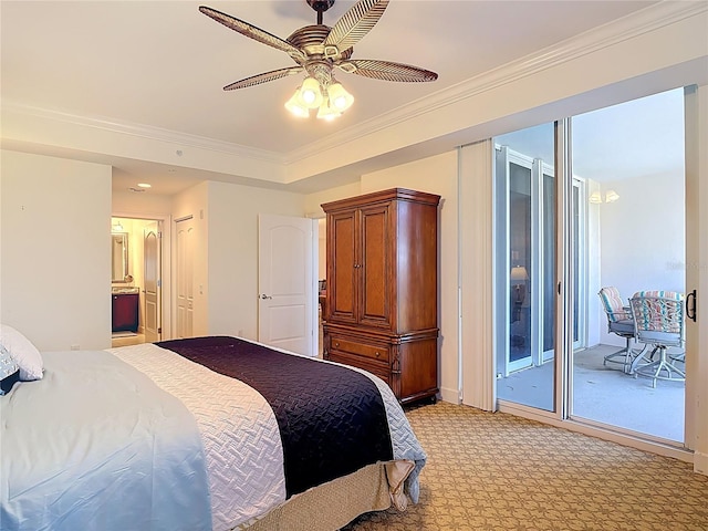 bedroom featuring access to outside, light colored carpet, ensuite bath, and ornamental molding