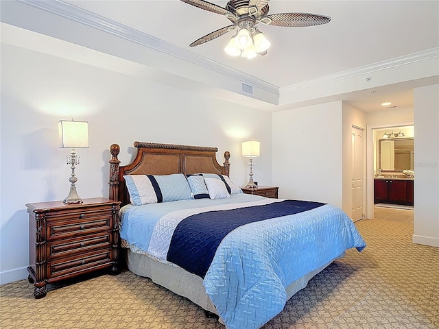 bedroom featuring crown molding, light colored carpet, visible vents, and baseboards